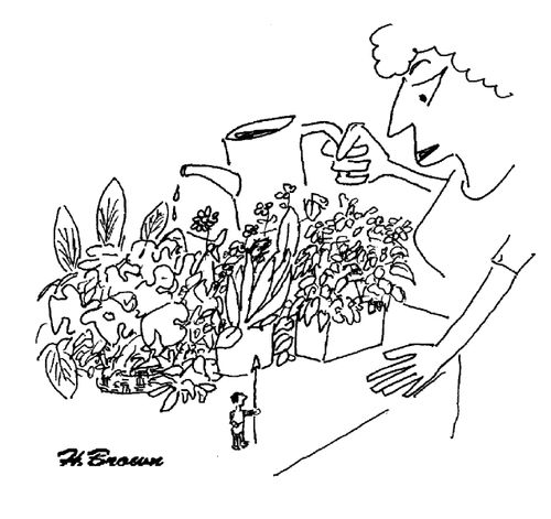 Woman's flowerpot is a small jungle with a little tribes person.