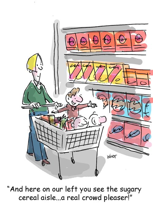 'And here on our left you see the sugary cereal aisle...a real crowd pleaser!'