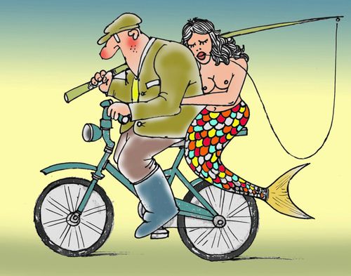 Fisherman takes home the mermaid he caught.