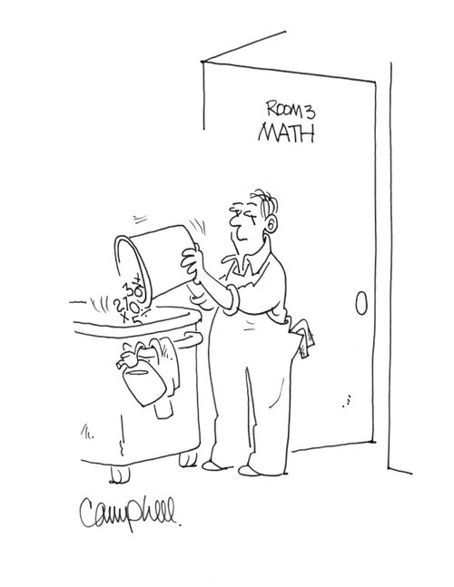 School janitor empties numbers out of math room waste basket.