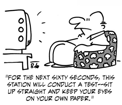 'For the next sixty seconds, this station will conduct a tes -- sit up straight and keep your eyes on your own paper.'
