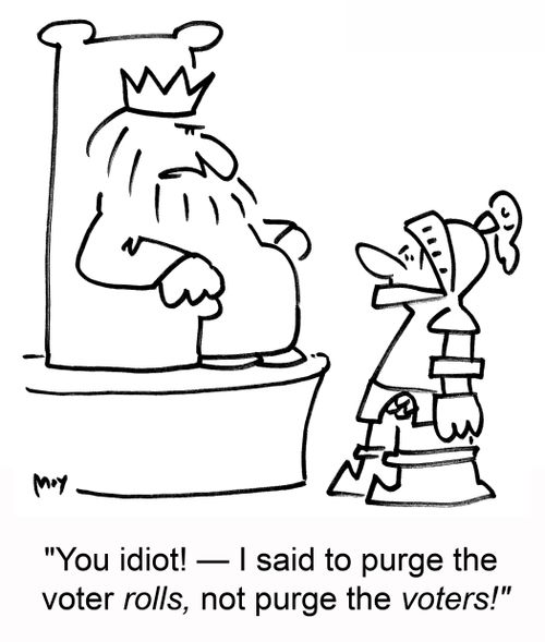 'You idiot! -- I said to purge the voter rolls, not purge the voters!'