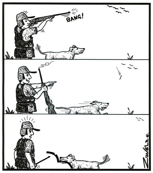 A hunter shoots what he thinks is a bird, but turns out to be a big 'm'.