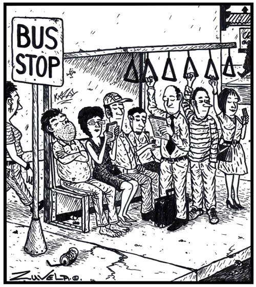 Bus stop: A full bus stop with people standing holding onto handles like they would on a crowded bus.