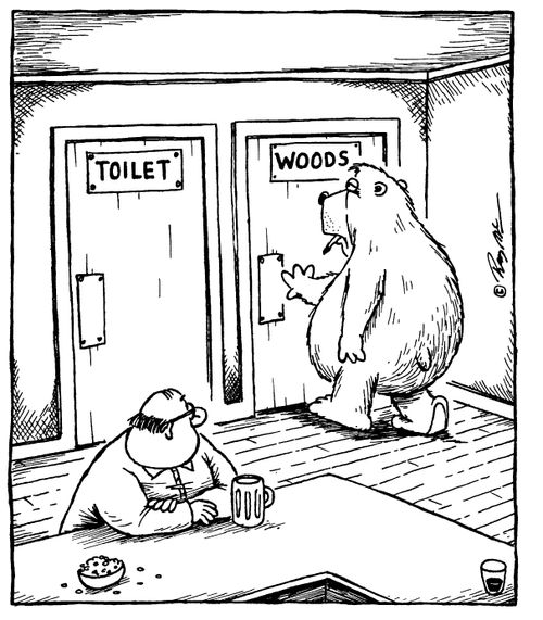 Bear in a bar going to the door marked 'Woods' next to the toilet door