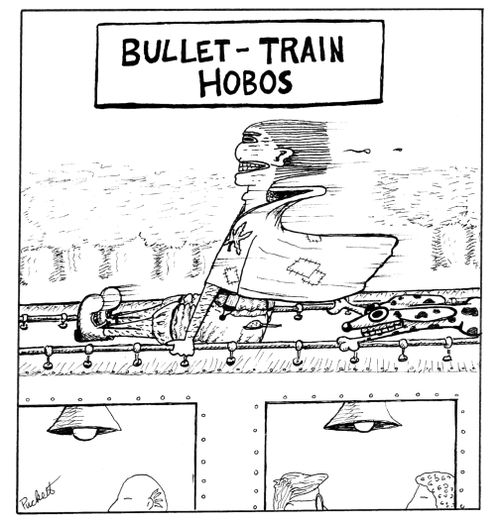 'Bullet-Train Hobos'-a hobo riding atop a very fast train with his dog.