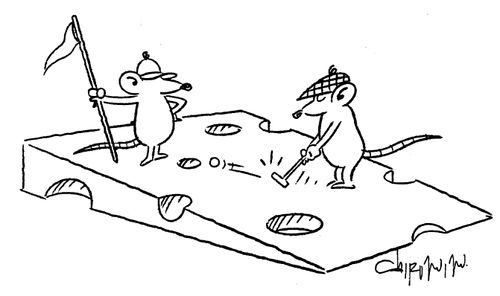 Mice playing miniature golf on a slice of cheese.