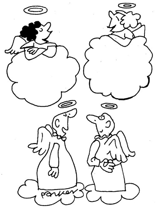 People relaxing in heaven, women nattering, men discussing