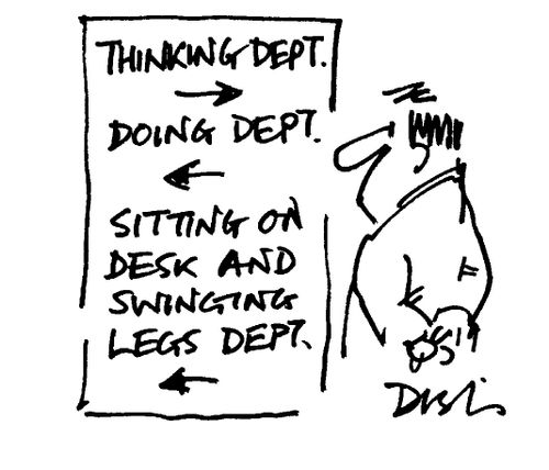 'Think department, Doing department, sitting at desk and swing legs department'