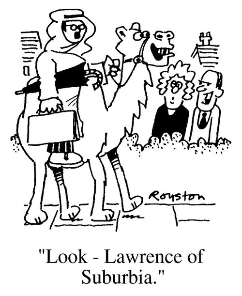Couple in garden, "Look - Lawrence of suburbia."