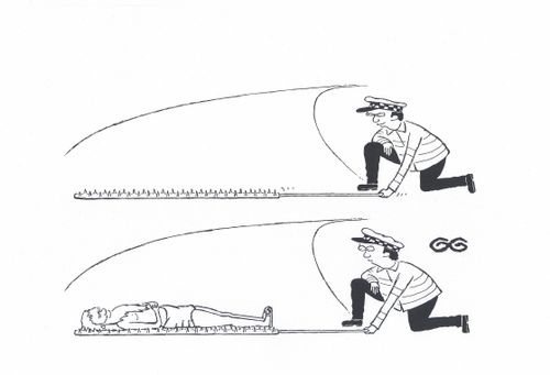 Traffic police with stop-sticks mistaken for a bed of nails.