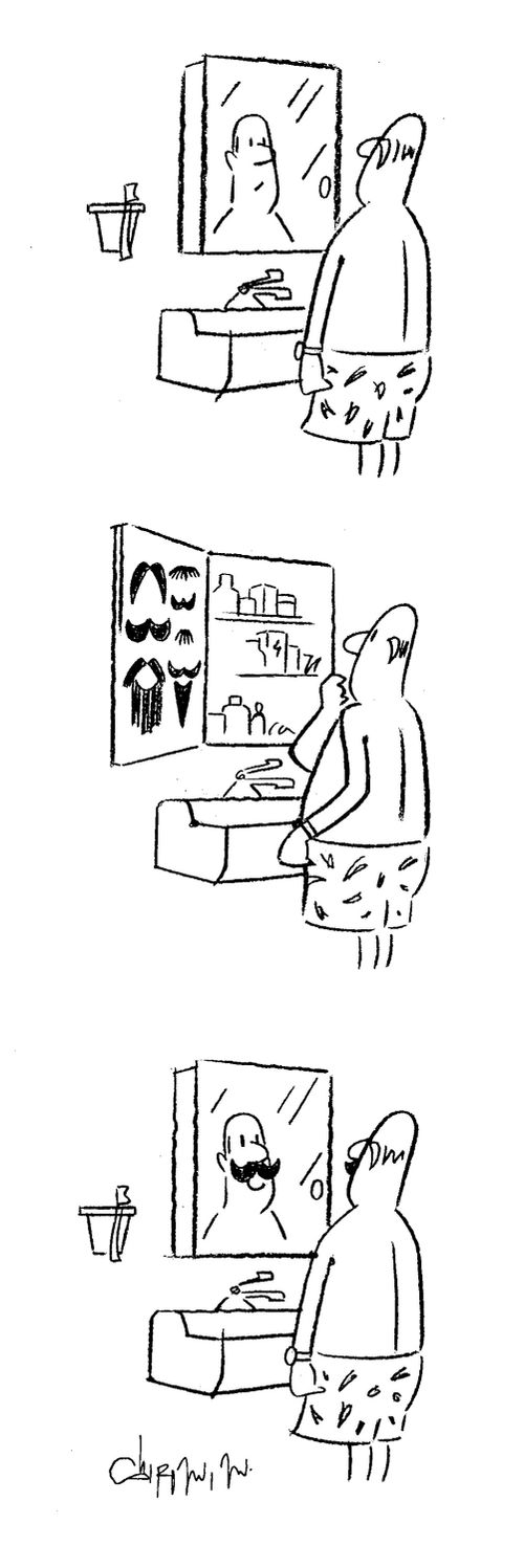Man selecting which fake mustache to wear.