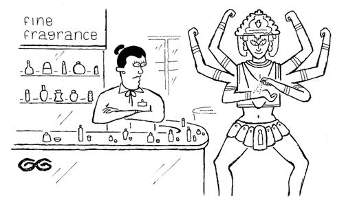 Religious figure with many arms trying on perfume. 