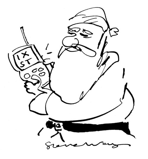 'Santa holding and listening to radio.'