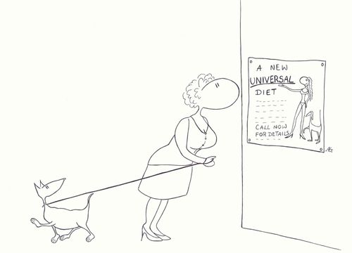 Woman looking at a poster for a new universal diet.