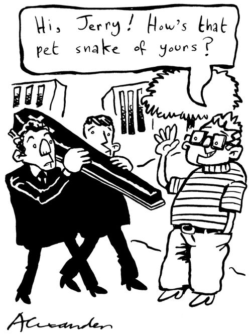 "Hey Jerry!  How's that pet snake of yours?" (Man carrying long, thin coffin).