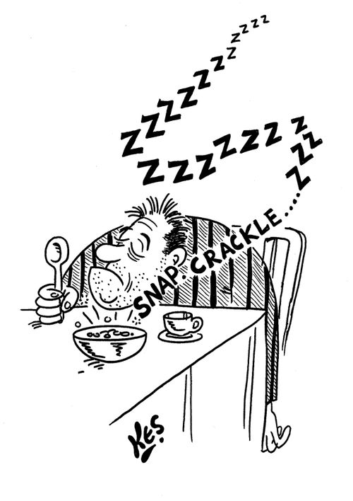 Man falls asleep as he eats his breakfast.
