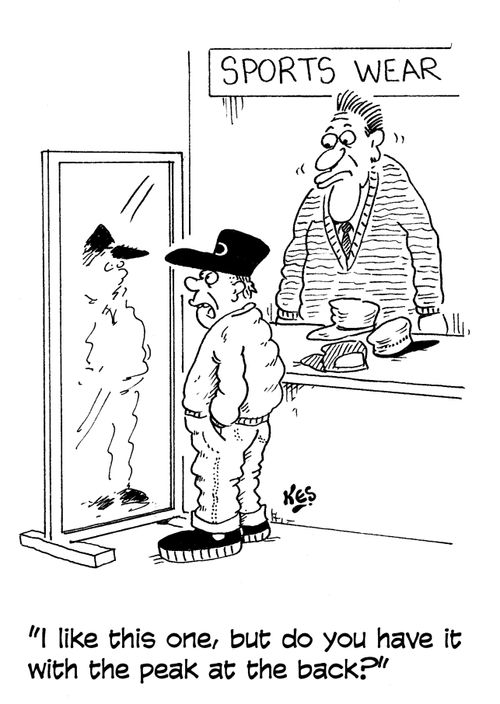 'I like this one, but do you have it with the peak at the back?'