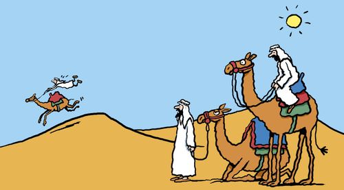 Two Bedouin on camels watch their friend struggle to control his stampeding camel.