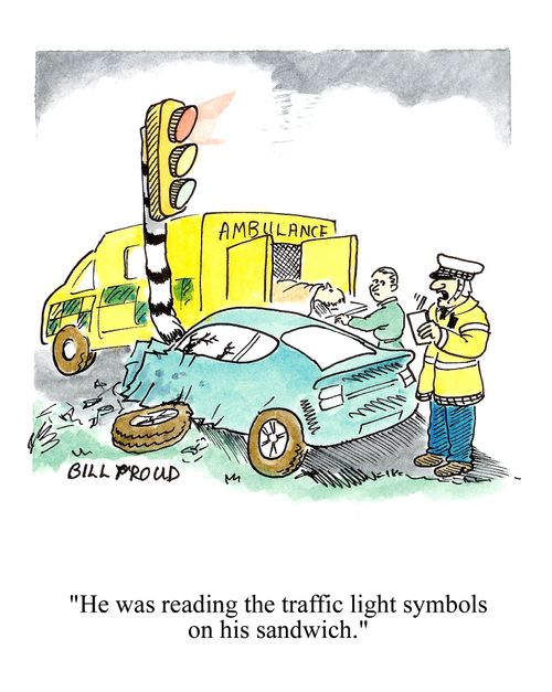 'He was reading the traffic light symbols on his sandwich.'