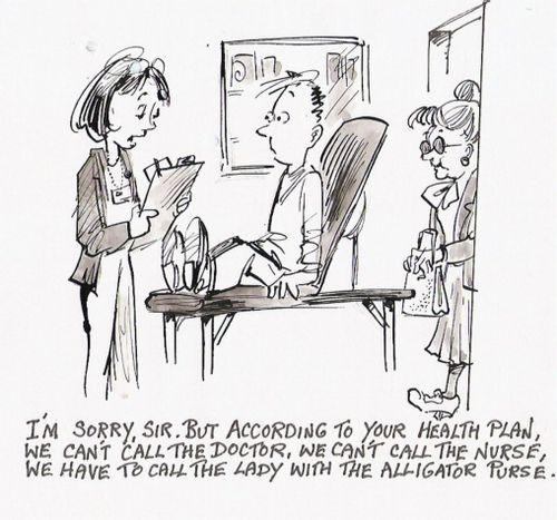 We can't call the doctor, we can't call the nurse, we have to call the lady with the alligator purse.