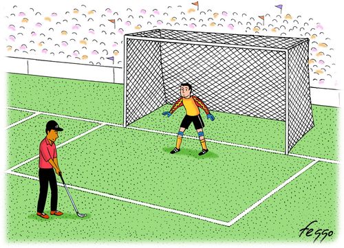Soccer goalie to stop penalty golf ball.