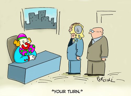 Business men trying to impress a clown CEO : 'Your turn.'