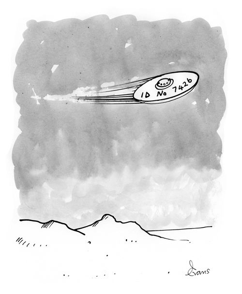 A UFO is flying over the planet; on the side of the UFO is its identification number. 