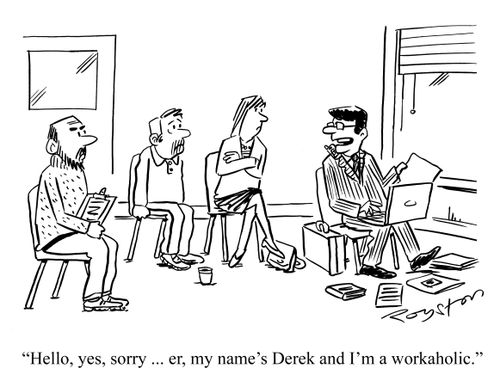 Man with laptop, phone and files at support group. He says: 'Hello, yes, sorry ... er, my name's Derek and I'm a workaholic.'