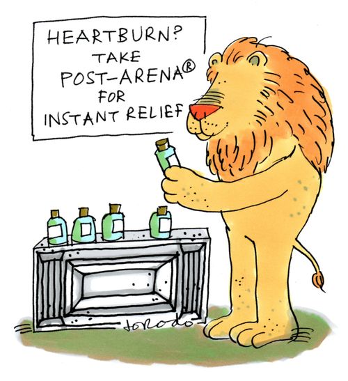 Lion has heartburn after eating Christians in arena