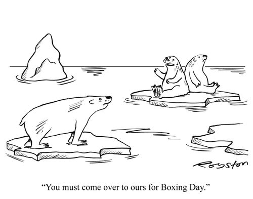 Polar bears separated by broken ice. One says: 'You must come over to ours for Boxing Day.'