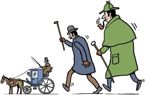 Sherlock Holmes and Watson hail a hansom cab.