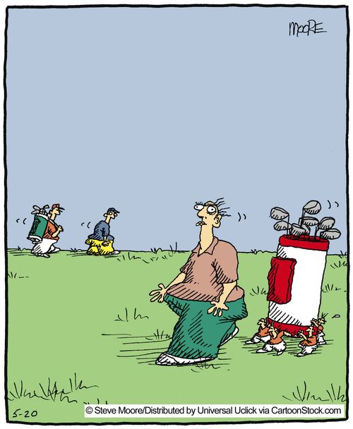 Tiny caddies carrying clubs.