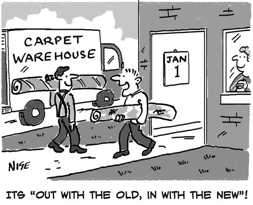 Carpet fitting at New Year's Day. 'Out with the old, in with the new'.