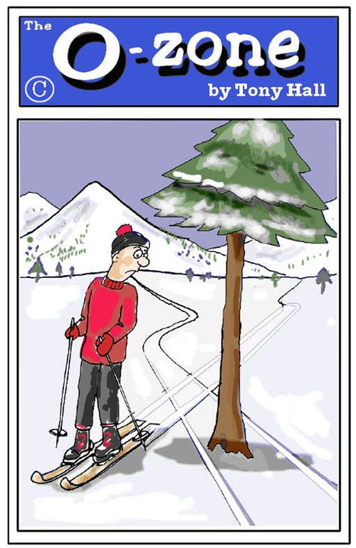 Skier notices impossible ski tracks.