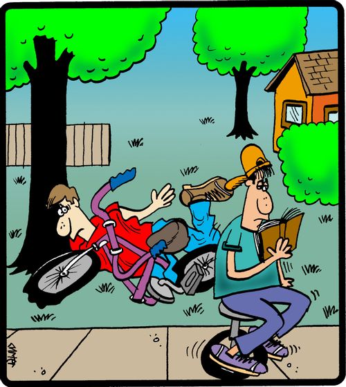 Distracted unicyclist causes a crash.