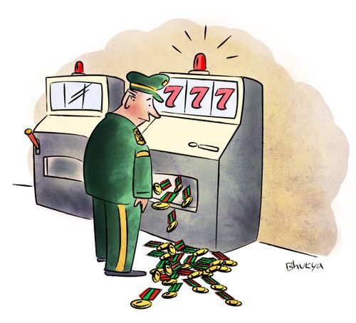 General gets a jackpot of medals at the casino slot machine.