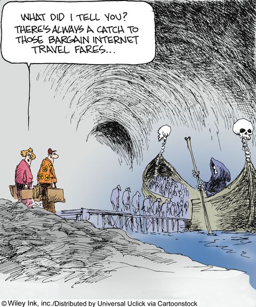 'What did I tell you? There's always a catch to those bargain internet travel fares...'