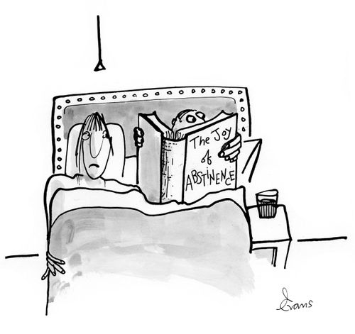 A couple in bed. The man is reading 'The Joy of Abstinence'.