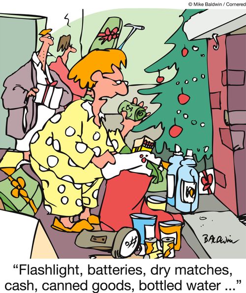 'Flashlight, batteries, dry matches, cash,  canned goods, bottled water…'