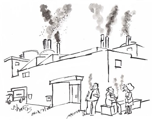 People smoke outside smoky factory.