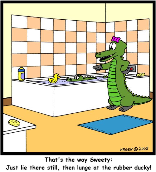 'That's the way Sweety: Just lie there still, then lunge at the rubber ducky!'
