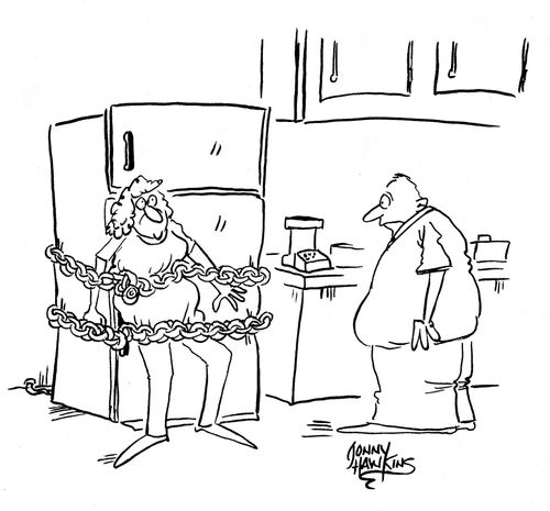 Woman chaining herself to refrigerator so heavy man cannot open it.