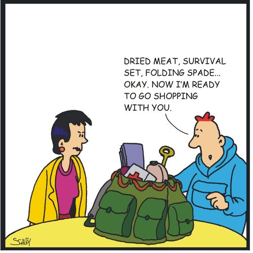 'Dried meat, survival set, folding spade... okay. Now I'm ready to go shopping with you.'