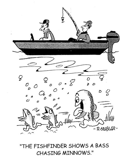 'The fishfinder shows a bass chasing minnows.'