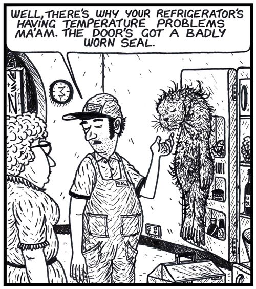 'Well,there's why your refrigerator's having temperature problems ma'am. The door's got a badly worn seal.' 