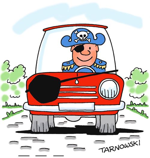 Pirate's car has patch for the headlight.
