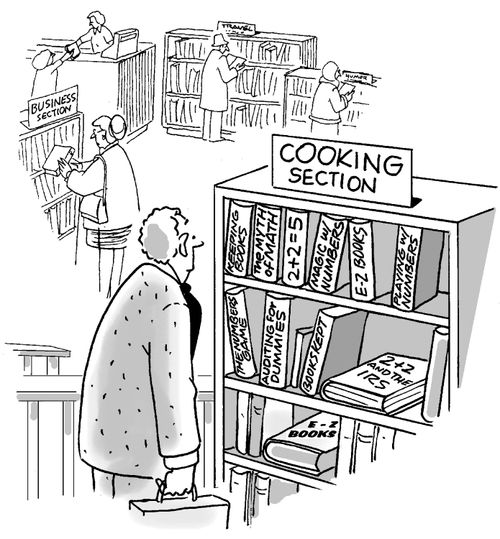 Maths books in the cooking section of a library.