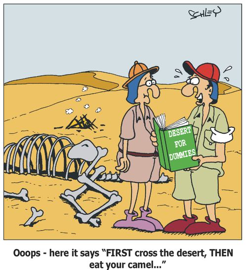 'Ooops - here it says 'FIRST cross the desert, THEN eat your camel'...'