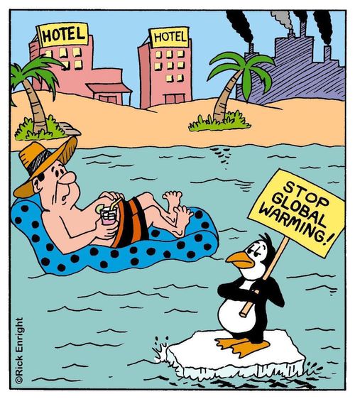 Penguin on a beach: 'Stop Global Warming'.